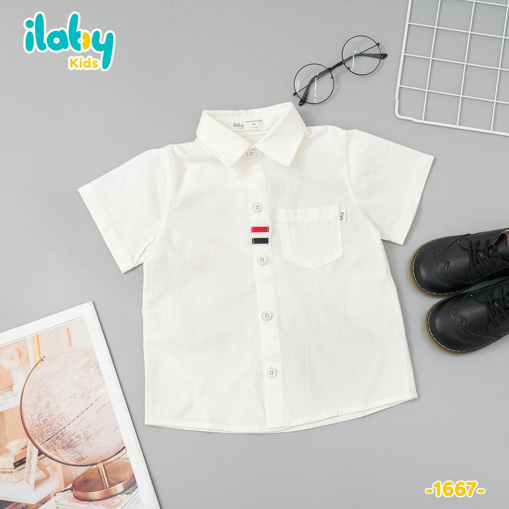 Áo sơ mi cộc tay bé trai ILABY phối nẹp áo chất liệu thô cotton thoáng mát thấm hút mồ hôi cho bé 10-36kg[22IB1667D3SC]