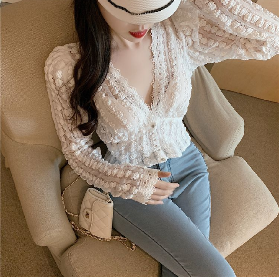 Áo Kiểu Tay Dài Cổ Chữ V Phối Ren Quyến Rũ Thời Trang Cho Nữ