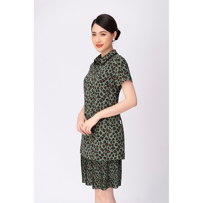 Đầm lụa da báo xanh, dáng suông A chân phối dập nhăn - TOSON - 44064H11
