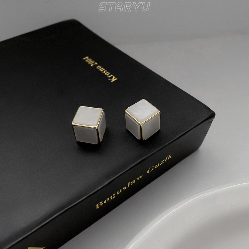 Bông Tai Xỏ Lỗ Hình Khối Bằng Bạc S925 Màu Trắng/ Đen Thời Trang Cho Nữ