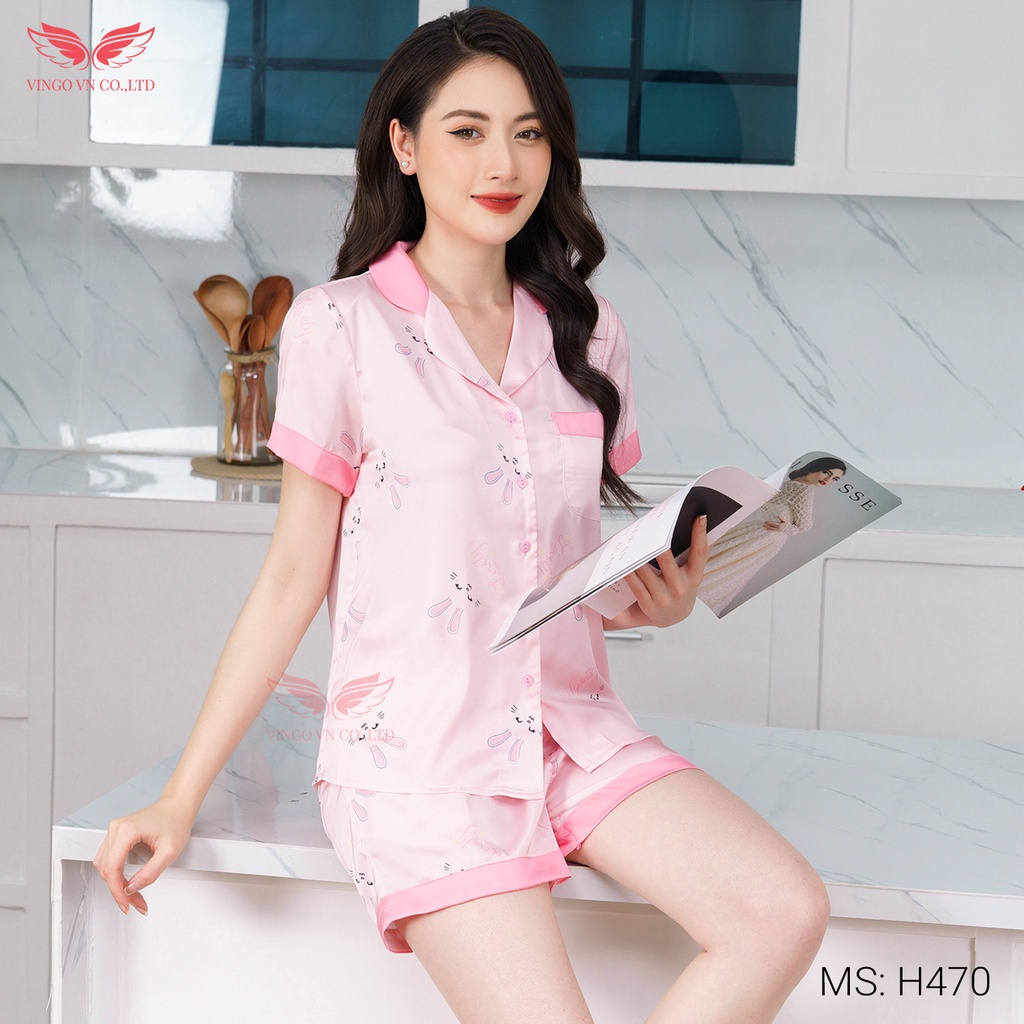 Đồ Bộ Nữ Pijama Mặc Nhà VINGO Chất Liệu Lụa Pháp Cao Cấp Tay Cộc Quần Cộc Thỏ Ngọc Màu Hồng Xuân Hè H470 VNGO