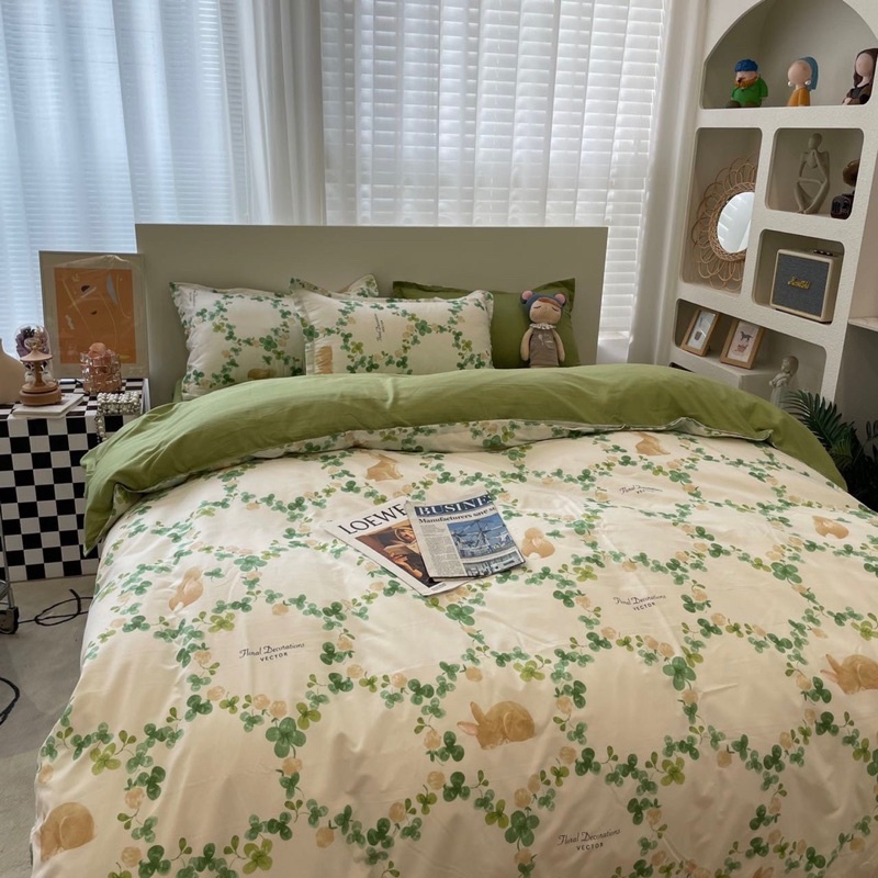 Bộ chăn ga gối Cotton Poly Nhập Khẩu chần bông dày mẫu Thỏ Hoa Nguyệt Quế Decor Home