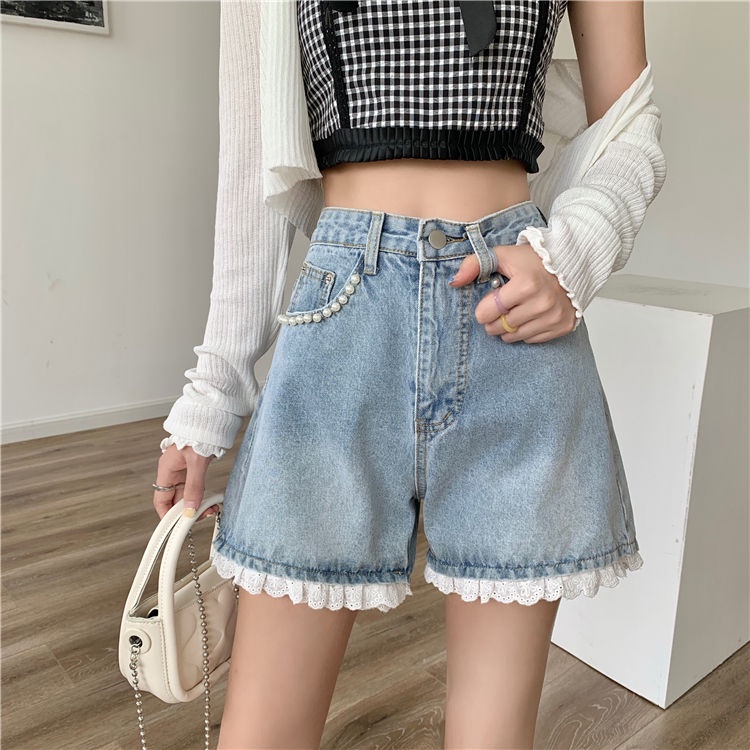Quần Sọt denim Lưng Cao Phối Ren Cho Nữ JL-DK-30