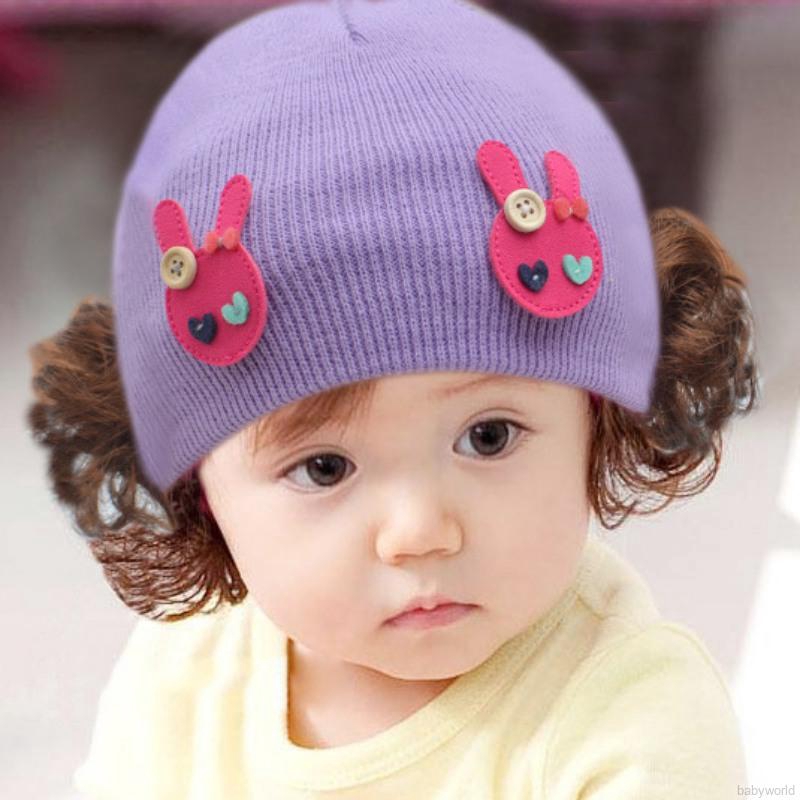 Mũ len trùm đầu phối hai chùm tóc xoăn đáng yêu dễ thương dành cho bé gái