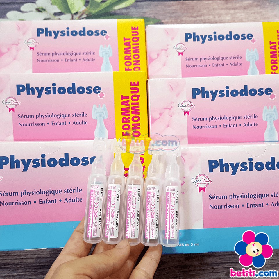 Hộp 40 Ống Nước Muối Sinh Lý Physiodose Pháp - Tép Hồng (Hộp 8 Vỉ)