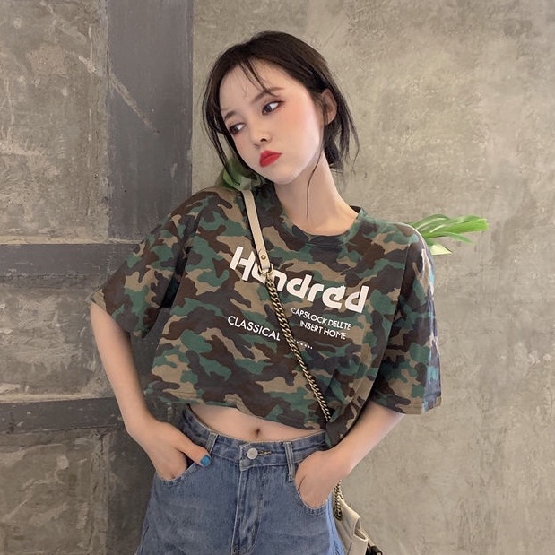 Áo Croptop Tay Ngắn Cổ Tròn In Họa Tiết Phong Cách Hàn Quốc Cho Nữ