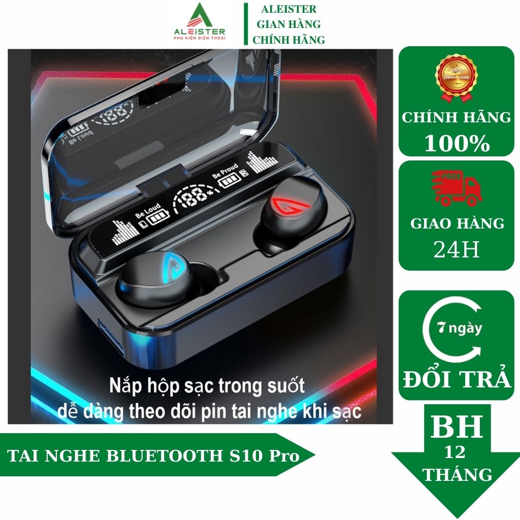 Tai nghe bluetooth  AleisterV5.2 S10 Pro cao cấp, cảm ứng vân tay, hỗ trợ đàm thoại, nghe nhạc 10h, sạc dự phòng 2200mAh