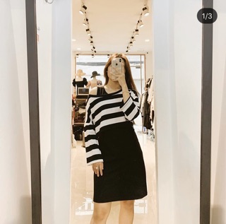 SET ĐẦM THUN ĐEN ÁO CROPTOP SỌC