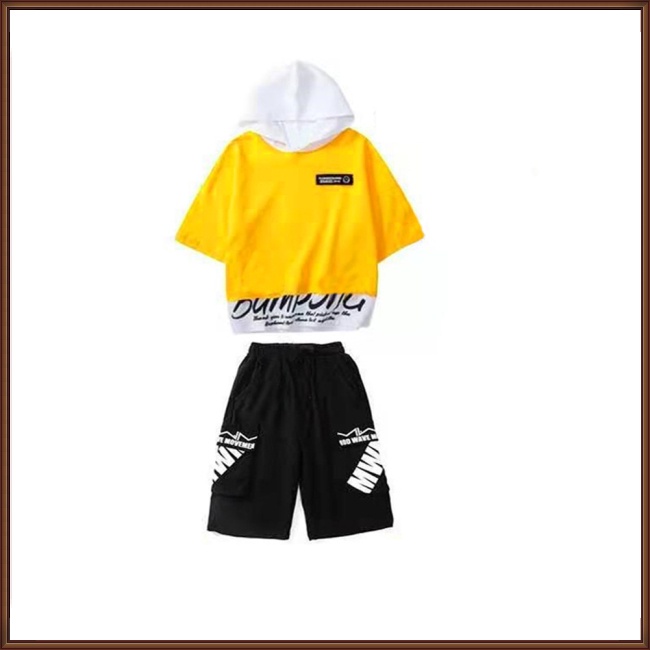 Set Đồ 2 Món Gồm Áo Thun Cotton Tay Cộc Có Mũ Trùm In Chữ + Quần Short Thời Trang Cho Bé Trai