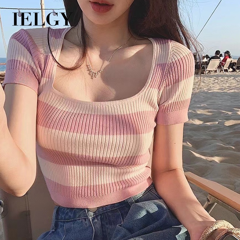 IELGY Áo thun dệt kim ngắn tay IELGY họa tiết kẻ sọc thời trang mùa hè cho nữ