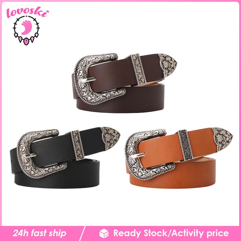 Thắt Lưng Giả Da Khóa Chạm Khắc Màu Đen Thời Trang Cho Nữ