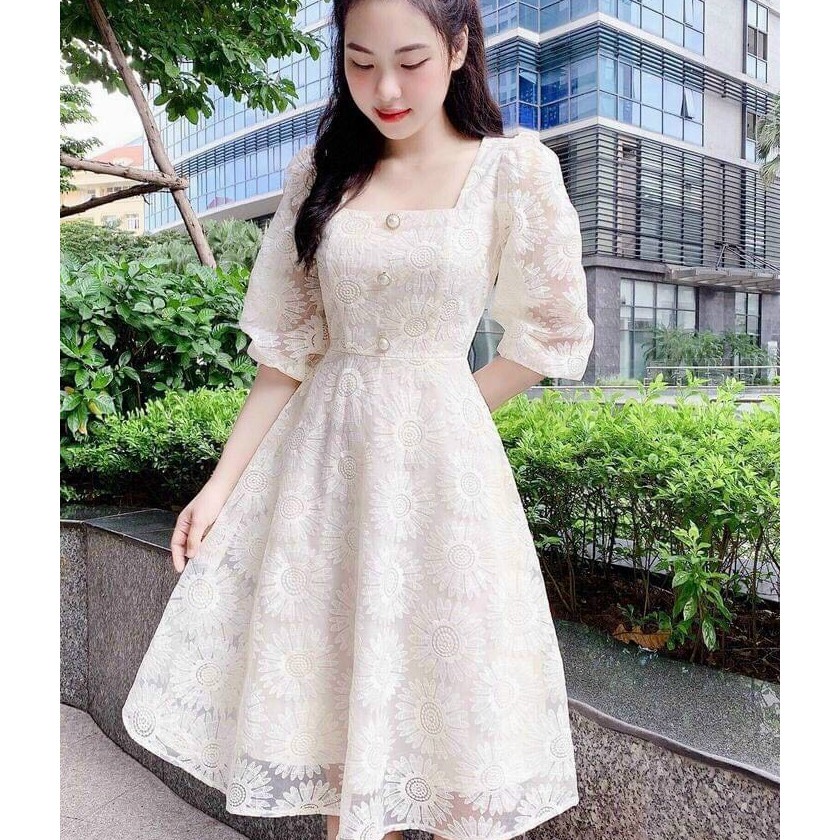 Đầm thiết kế đẹp, váy xòe phối ren trắng hoa cúc nổi cao cấp (ảnh thật)