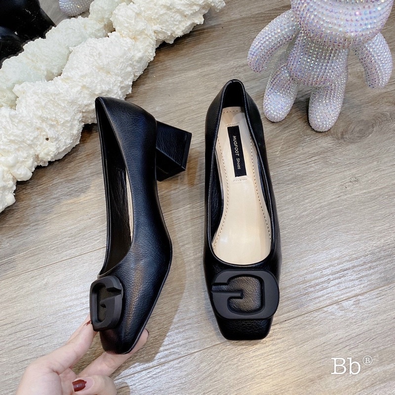 Giầy gót trụ 5 cm khoá chữ G da lỳ + da lộn