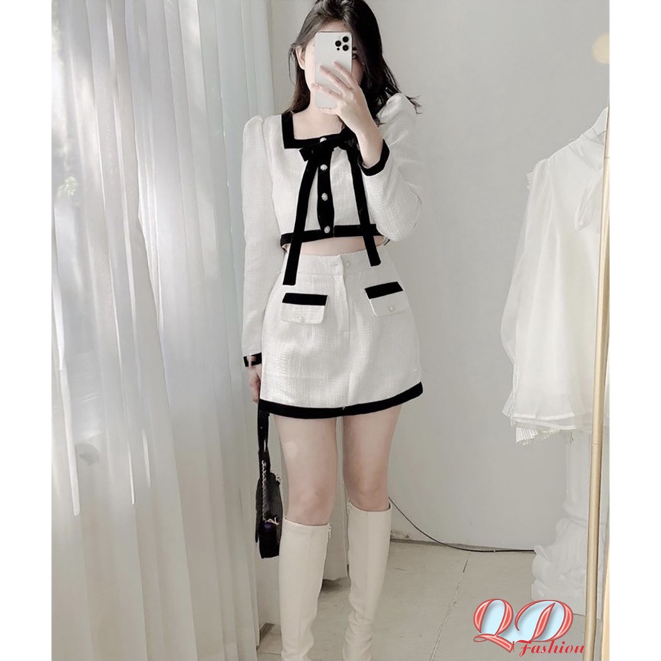 Set đồ nữ set bố áo croptop phối viềm nút với chân váy phối cúc có quần lót trong đi chơi cá tính sang chảnh QD DT060