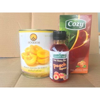Combo trà đào gồm Siro Goldenfarm 100ml -1 lon đào thái - 1 hộp trà cozy