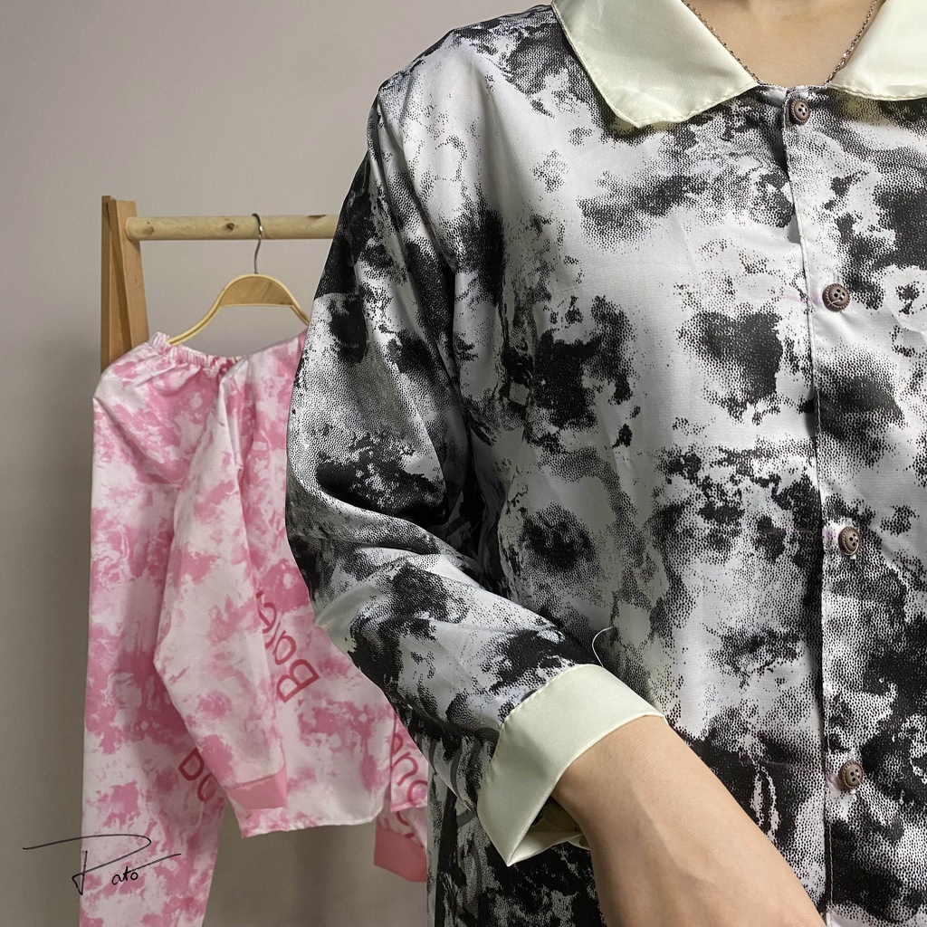 Bộ đồ ngủ hoa văn siêu đẹp tay dài quần dài cổ bèo, pijama chất kate giặt không phai, không nhàu (ảnh shop chụp) | BigBuy360 - bigbuy360.vn