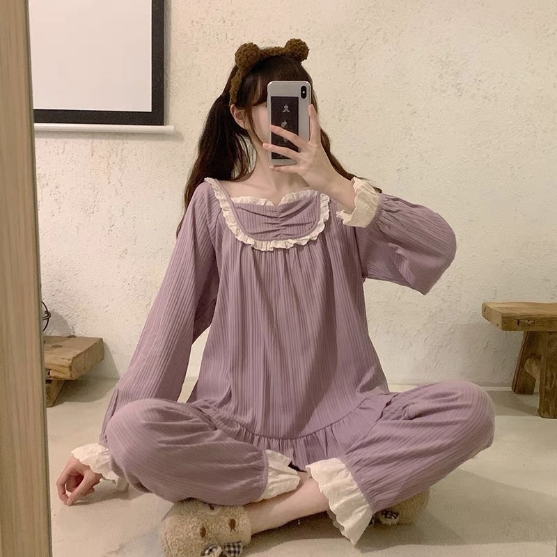 Đồ bộ ngủ nữ dài tay cute kèm bèo chất cotton quảng châu | BigBuy360 - bigbuy360.vn
