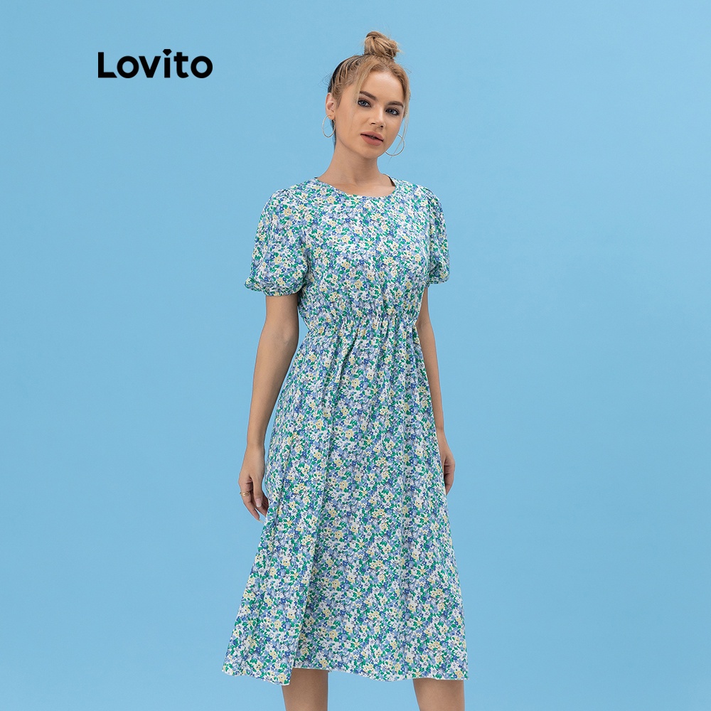  Đầm Lovito in hoa tay phồng L06052 (màu xanh dương) | BigBuy360 - bigbuy360.vn