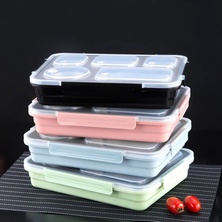 HỘP CƠM VĂN PHÒNG BẰNG INOX 304 Có 5 NGĂN CÓ NẮP ĐẬY LUNCH BOX SIÊU ĐẸP TIỆN LỢI MẪU 2020 - TẶNG KÈM ĐŨA VÀ THÌA