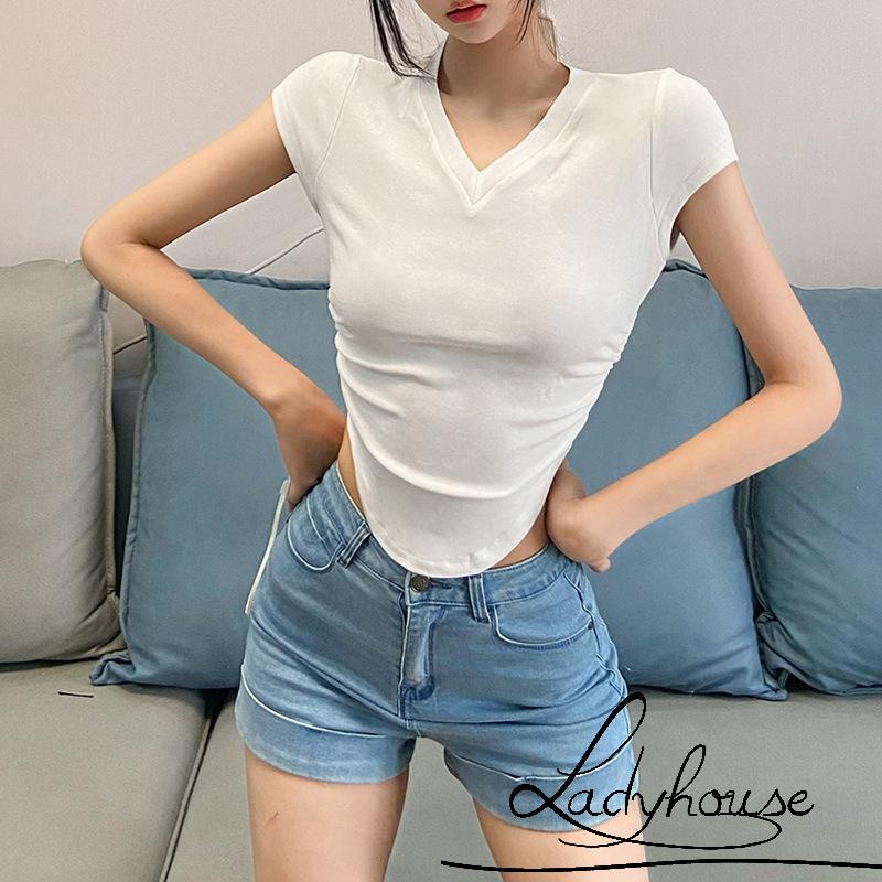 Áo Thun Crop Top Tay Ngắn Cổ Chữ V Màu Trơn Thời Trang Mùa Hè Cho Nữ