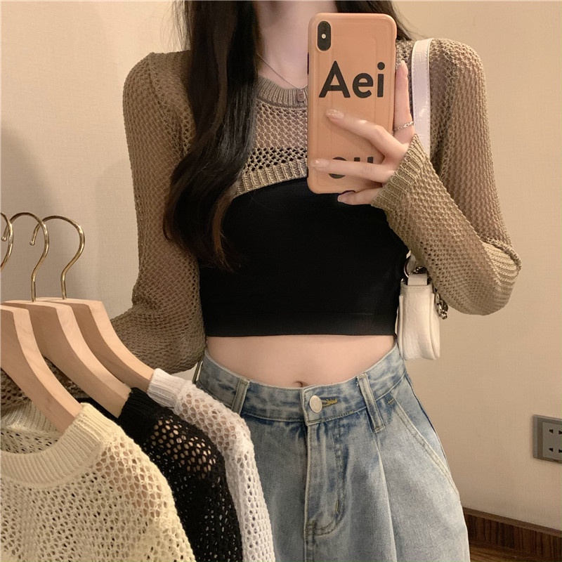 Áo Khoác Len Lửng tay dài THOYEUFASHION,  Áo len dệt kim lỗ lưới kiểu dáng gợi cảm đi biển, đi chơi hotrend