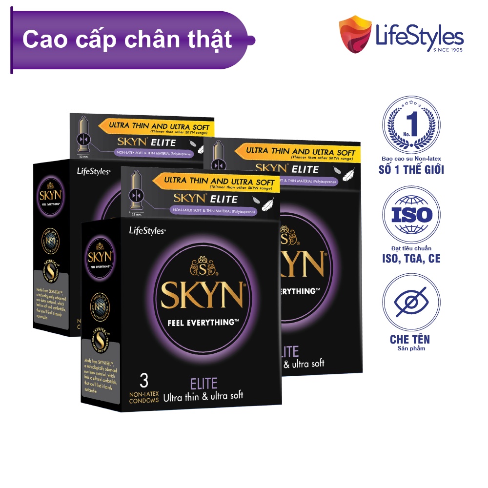 Bộ 3 Hộp Bao cao Su LifeStyles SKYN ELITE Nonlatex Siêu Mỏng Siêu Mềm Cao Cấp Hộp 3 Bao