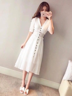 Đầm trắng nhúng thun eo (kèm hình thật)