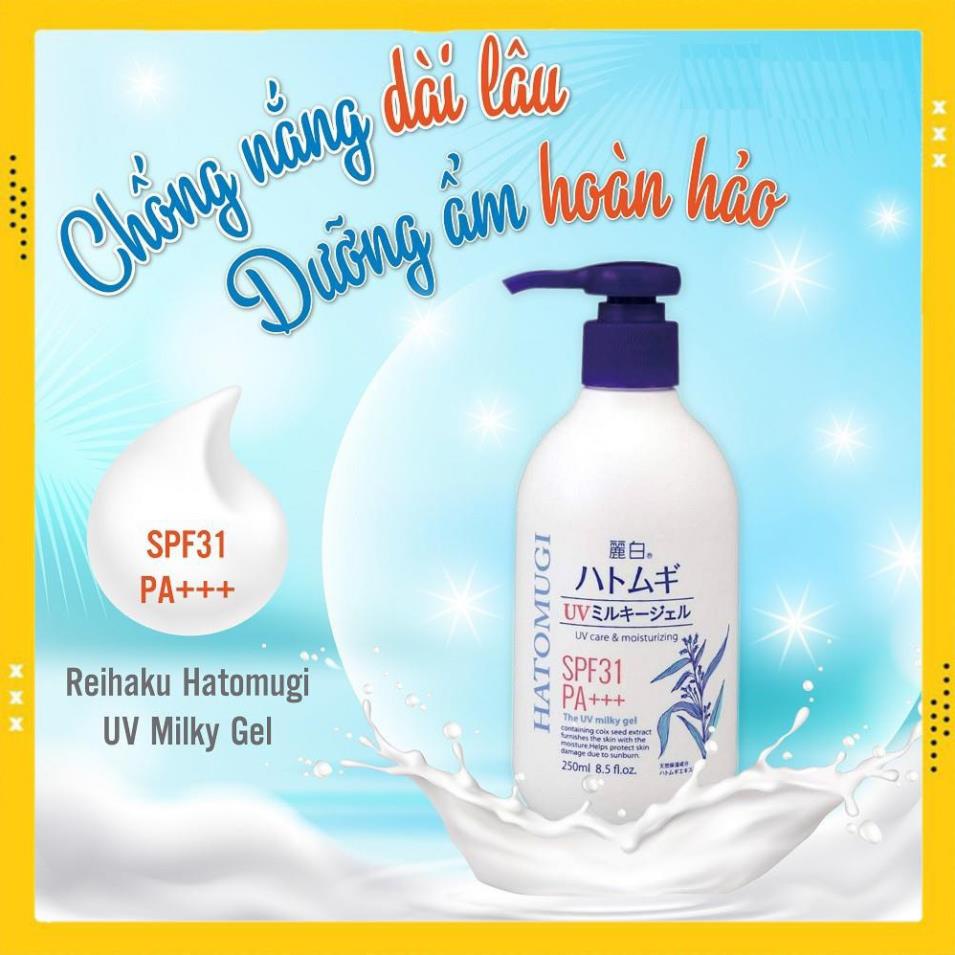 Sữa dưỡng thể chống nắng, dưỡng da trắng mịn, Reihaku Hatomugi UV Milky Gel SPF31/PA+++ 250ml [Hàng Nhật Chuẩn]