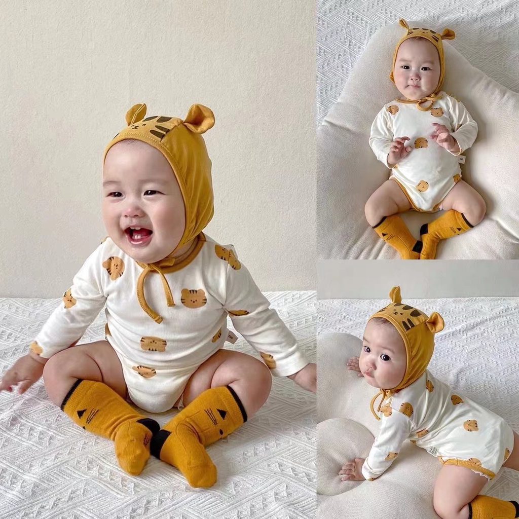 Áo Liền Quần Tay Dài Vải Cotton In Hoạt Hình Hổ Thời Trang Xuân Thu Cho Bé Sơ Sinh