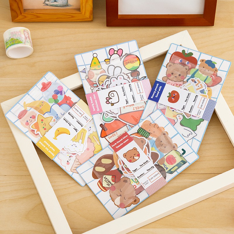 Sticker Gói Set 20 Miếng Hình Theo Chủ Đề Gấu Thỏ Kcal Trái Cây Vui Tươi | ST065