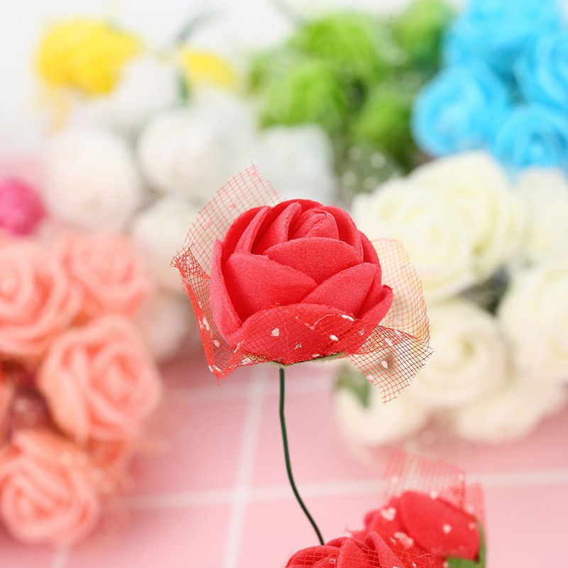 Set 12 bông hoa hồng xốp 2cm đính voan dùng để trang trí, làm đồ handmade, trang sức