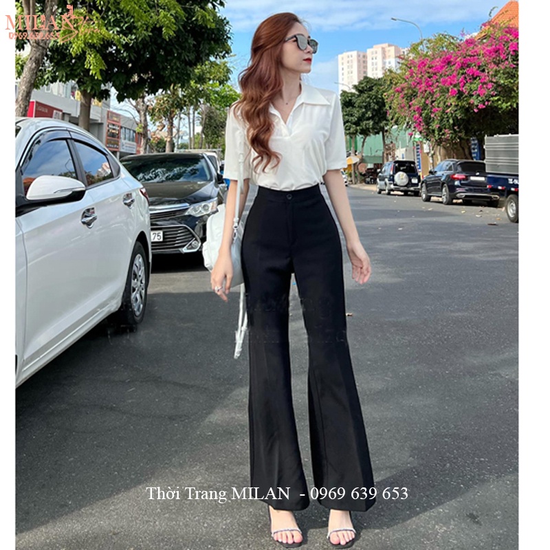Quần ống loe cạp cao dáng dài 1 nút cài tôn dáng màu Đen - Quần tây ống loe lưng cao vải Vitex dày mềm đi học công sở