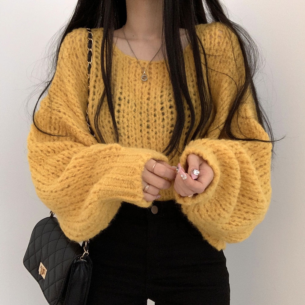 Áo sweater dệt kim tay phồng dáng rộng màu sắc ngọt ngào phong cách Hàn Quốc xinh xắn cho nữ