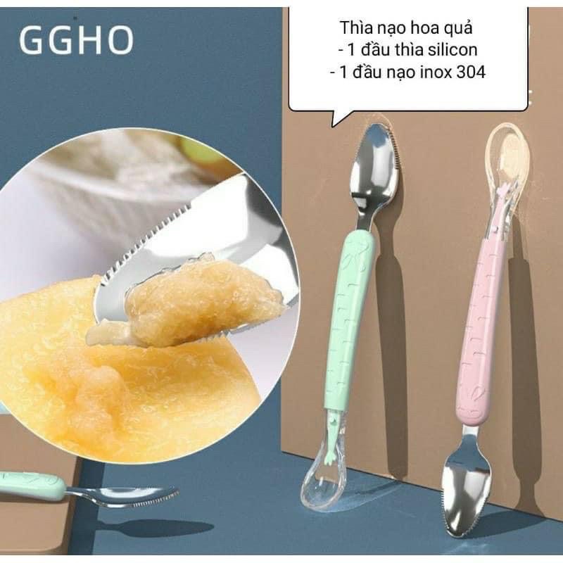 Thìa nạo hoa quả cho bé ăn dặm, một đầu thìa nạo inox, 1 đầu thìa silicon siêu mềm