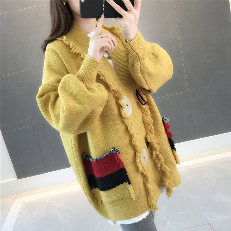 Áo Khoác Len Màu Trơn Phong Cách Lười Áo Len Nữ Cardigan Dễ Phối Rộng Rãi