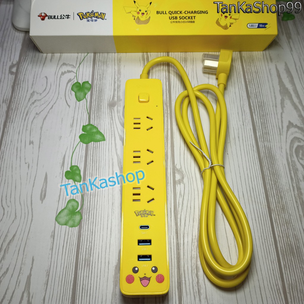 Ổ Cắm Điện Bull x Pokemon kiêm sạc nhanh  điện thoại 1 cổng TypeC PD  2 cổng sạc USB , 3 ổ cắm Dây Dài 1,8m