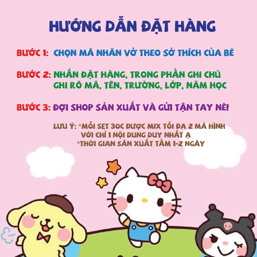 Set 30 chiếc nhãn vở cute in tên, lớp, trường bé theo yêu cầu (BÉ GÁI)