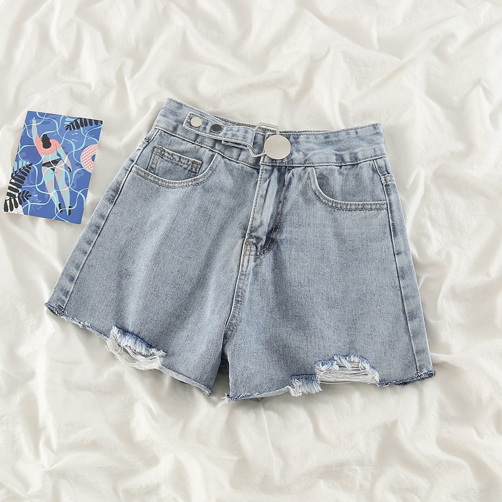 NUZIRO Quần short jeans  lưng cao ống rộng phong cách cổ điển cho nữ