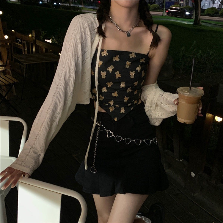 [LININ] Áo Khoác Cardigan Chống Nắng Ôm Dáng Không Tay In Họa Tiết Gấu Phong Cách Hàn Quốc Dễ Thương Mùa Hè Cho Nữ