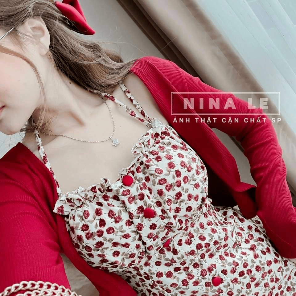 Sét Đầm 2 Món Váy 2 Dây Họa Tiết Hoa Tươi Trẻ Kèm Áo Khoác Thun Đỏ Phù Hợp Mặc Nhà, Đi Chơi, Dạo Phố, Du Lịch [NEW UNISE