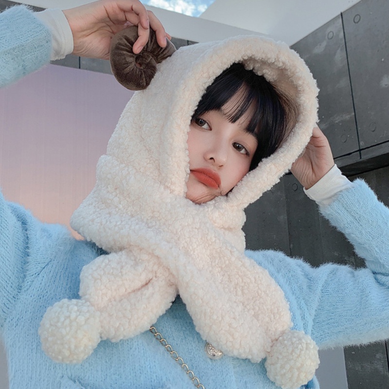 Mũ Trùm Đầu Kèm Khăn Choàng Lông Nhung Dễ Thương Xinh Xắn