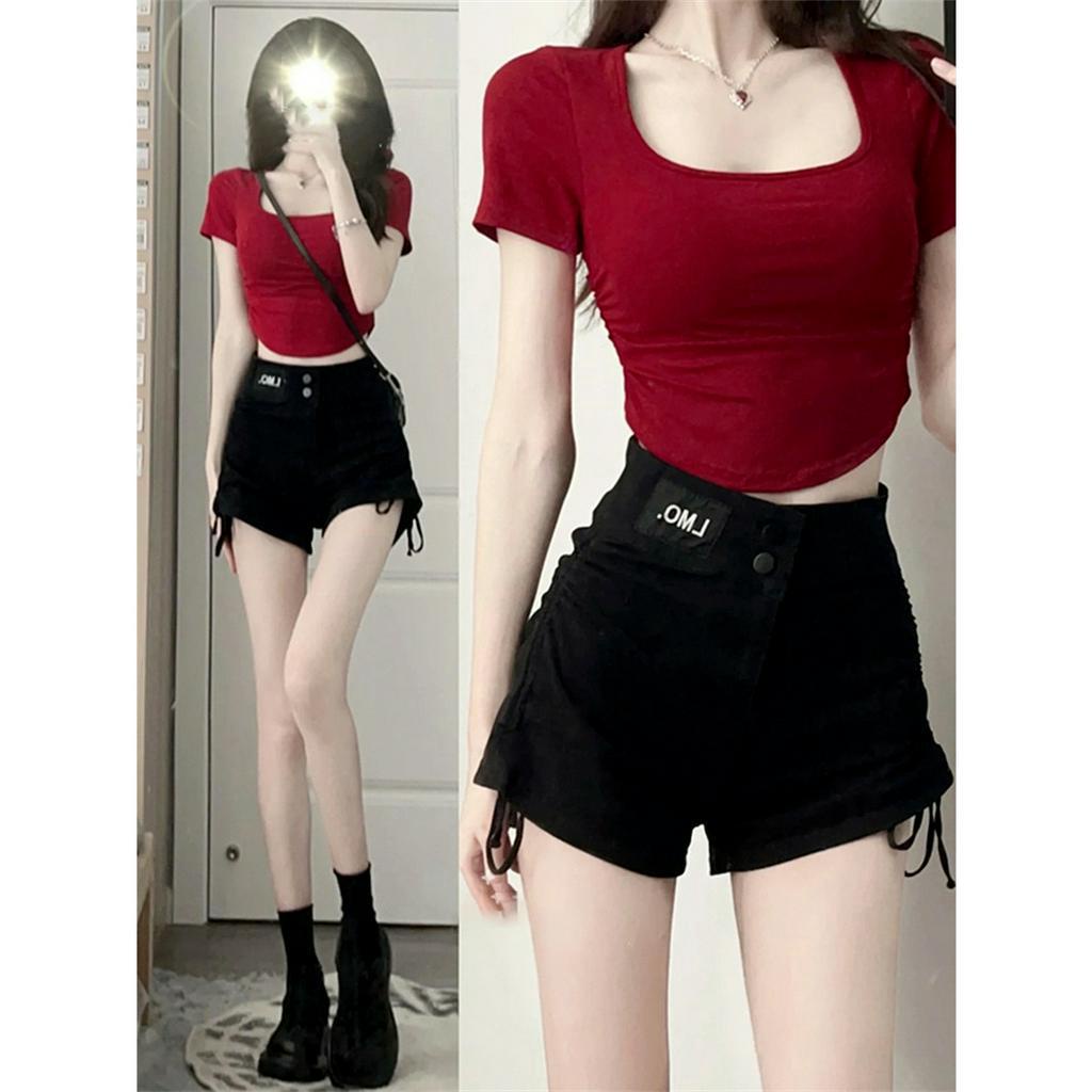 Cocory vn Quần Short Jeans Đen Lưng Cao Dáng Chữ A Gợi Cảm Cho Nữ