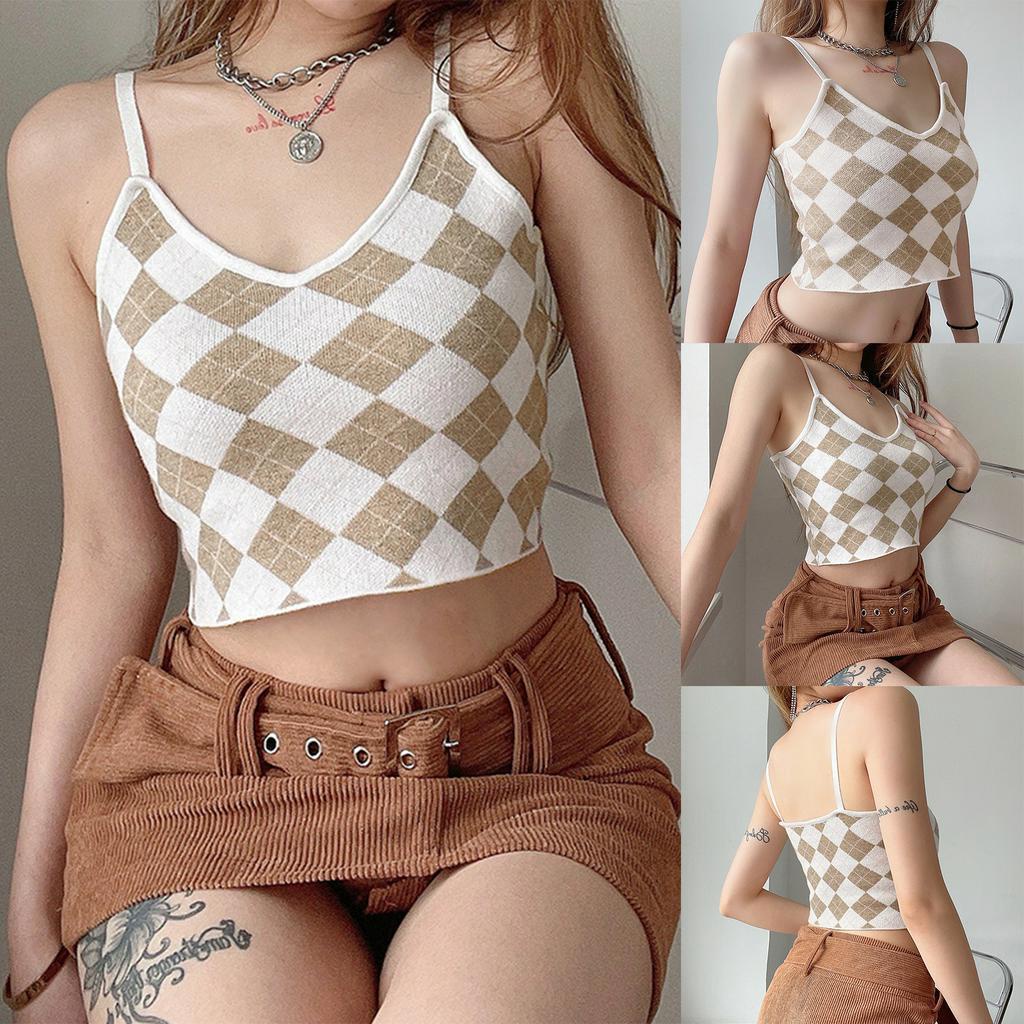 Áo lửng hai dây cổ tim họa tiết ca rô trẻ trung dành cho nữ