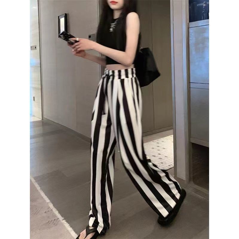Jiashucheng Quần Dài Ống Rộng Họa Tiết Kẻ Sọc Trắng Đen Thời Trang Mùa Hè Cho Nữ