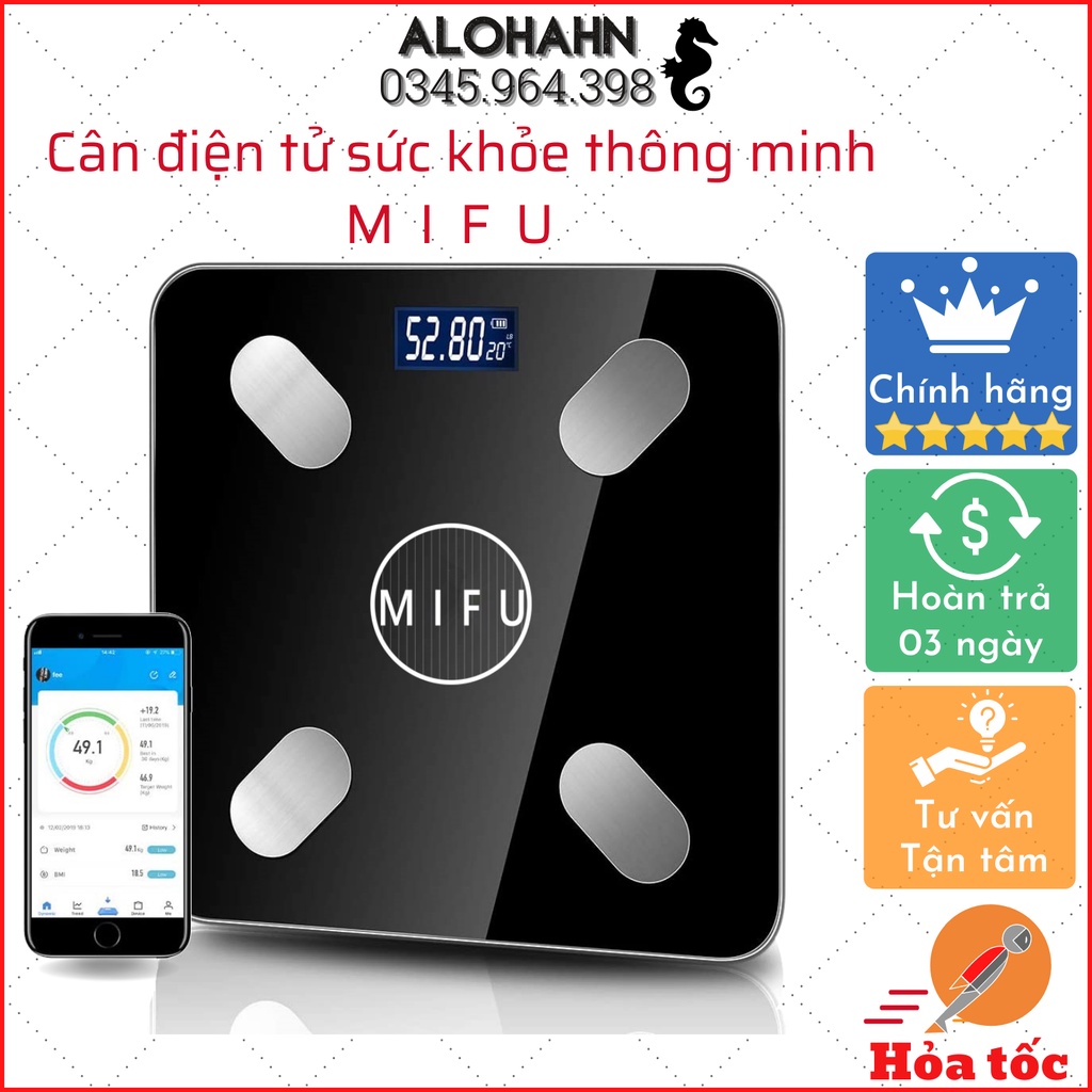 Cân Đo Sức Khỏe Thông Minh MIFU (Đo 11 thông số cơ thể qua smartphone) đo tỷ lệ Mỡ thừa, Lượng nước trong cơ thể – BH12T