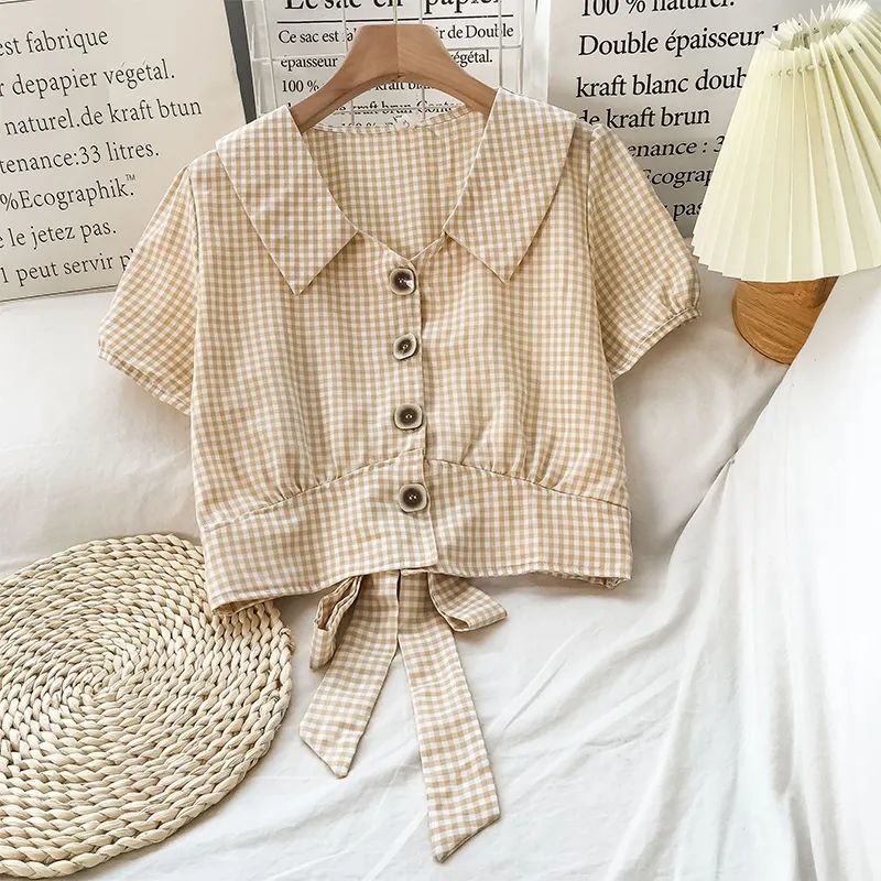 Hàng Có Sẵn Áo Sơ Mi Ngắn Tay Thắt Nơ Kẻ Sọc Mới Cho Nữ 2022 JL-TX-214