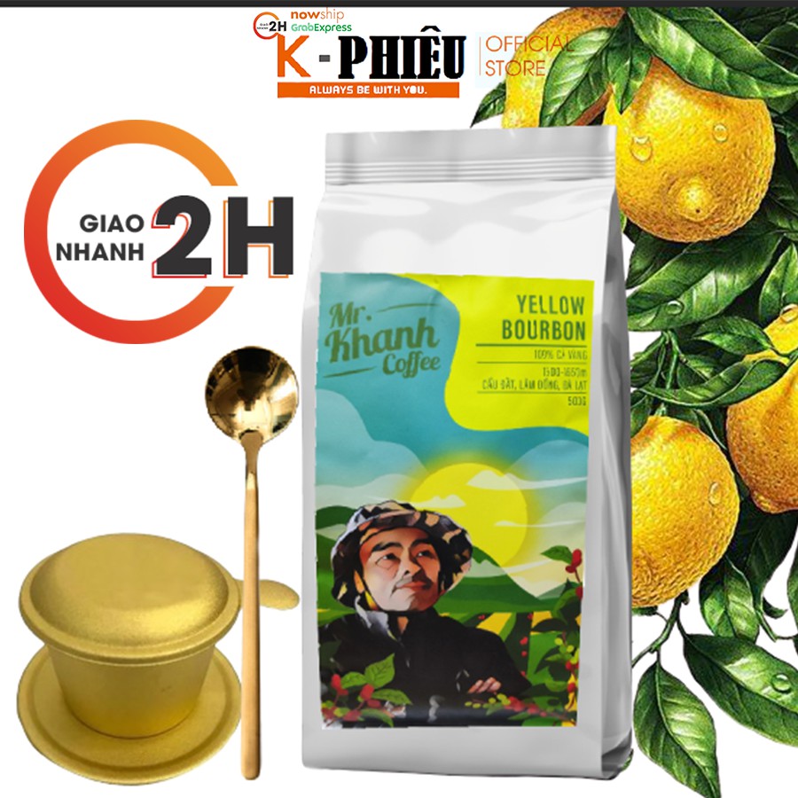 [ Mùa mới] Cà Phê Yellow Bourbon Võ Khanh Cầu Đất Arabica 100% K Phiêu (Túi 500g)- Tặng Phin và muỗng inox vàng óng ánh