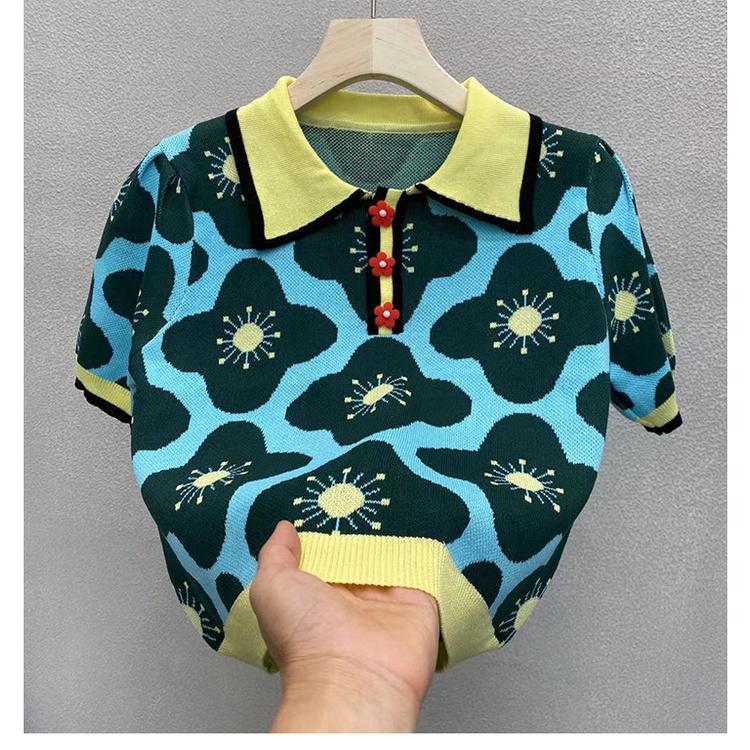 Áo kiểu dệt kim tay phồng cổ polo in họa tiết hoa màu sắc tương phản phong cách retro thời trang mùa hè xinh xắn | BigBuy360 - bigbuy360.vn