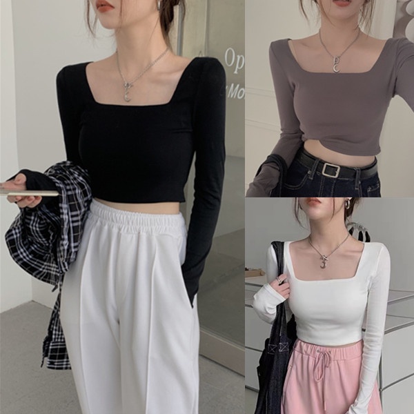 WANGJIAOZHAN Áo thun croptop dài tay cổ vuông màu trơn co giãn phong cách Hàn Quốc 3 màu lựa chọn