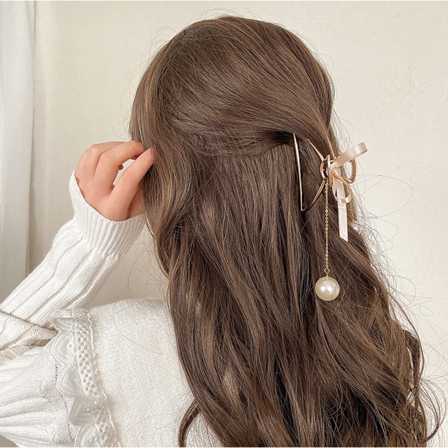 Kẹp tóc kim loại đính nơ và ngọc trai phong cách Hàn Quốc cho nữ
